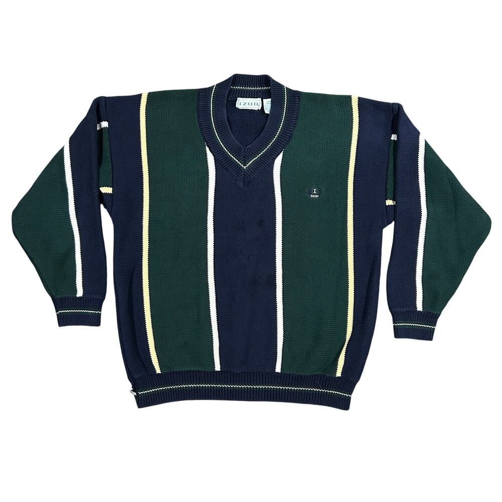 Vintage Izod Striped Sweater Men’s Large Cotton V-Neck Retro Pullover 90s